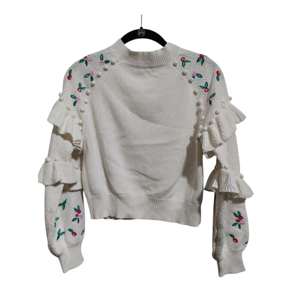 Glamorous Coquette Pointelle Knit Sweater with Embrodierd Flowers and Pom Poms - Picture 3 of 16